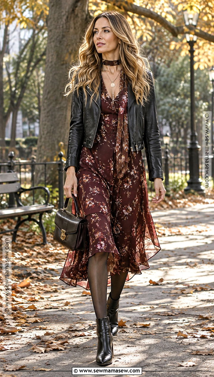 Carrie Bradshaw Floral Dress And Leather Jacket Outfit - 20 carrie bradshaw fall outfits