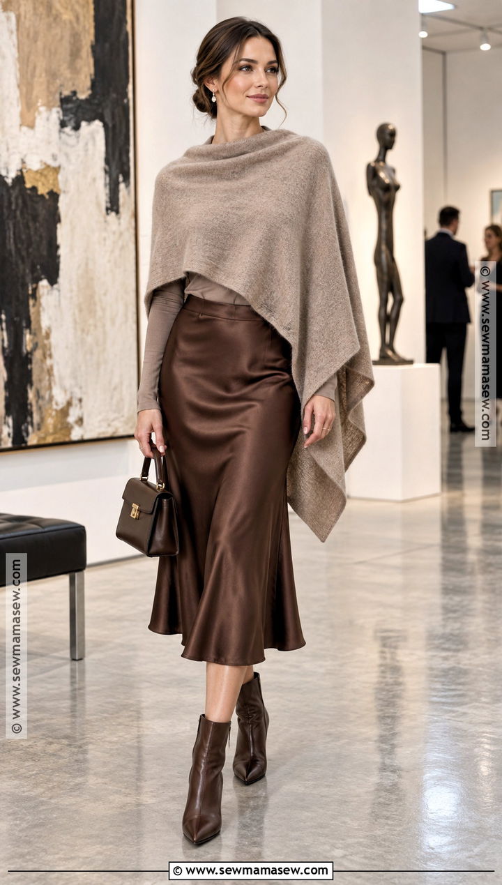 Cashmere Poncho With Satin Skirt - 20 fall poncho outfits