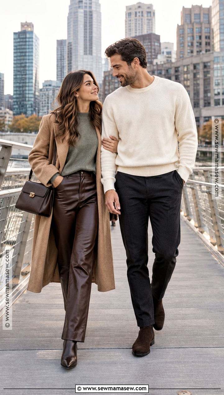 Cashmere Sweater And Leather Pants Engagement Outfit - 15 fall engagement photoshoot outfits