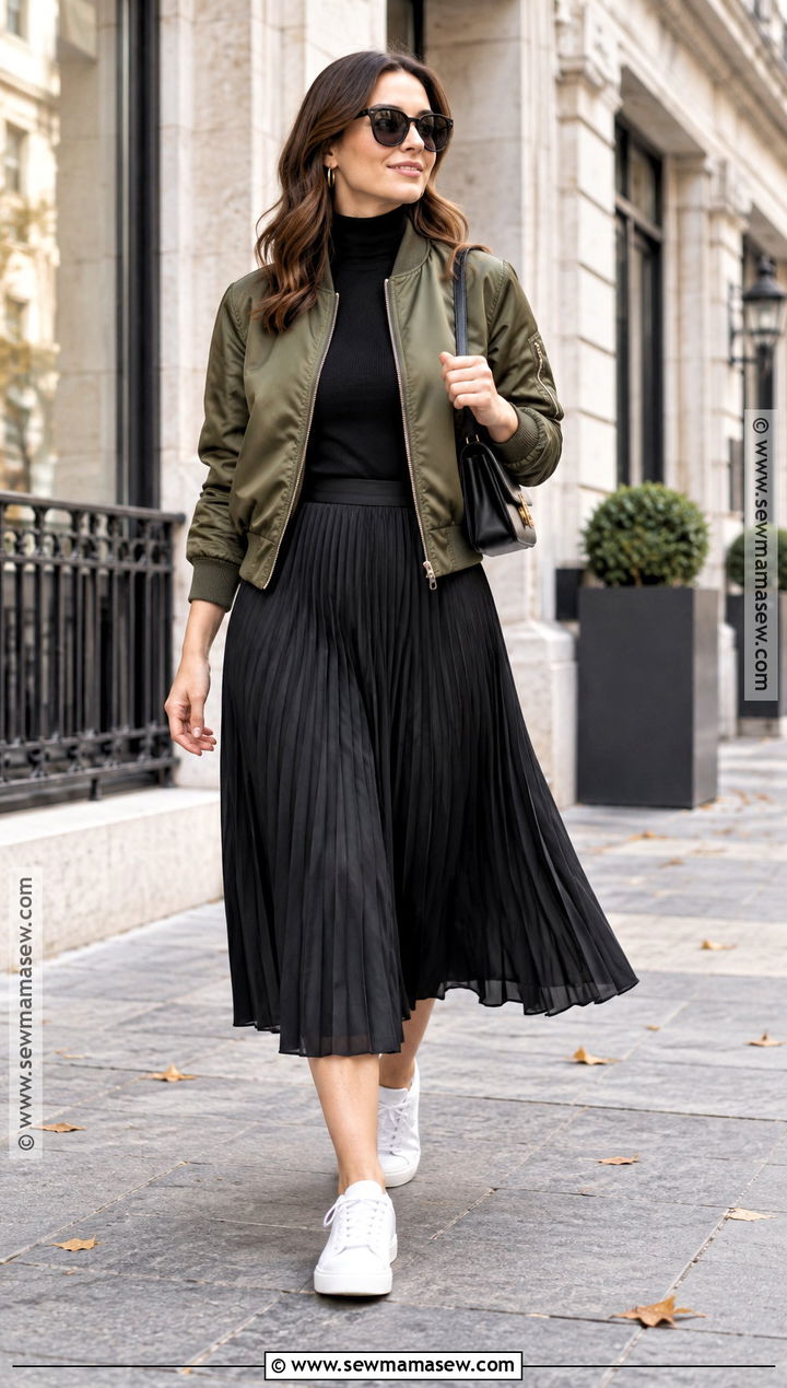 Casual Autumn Bomber Jacket And Midi Skirt Outfit - 25 outfit ideas autumn casual