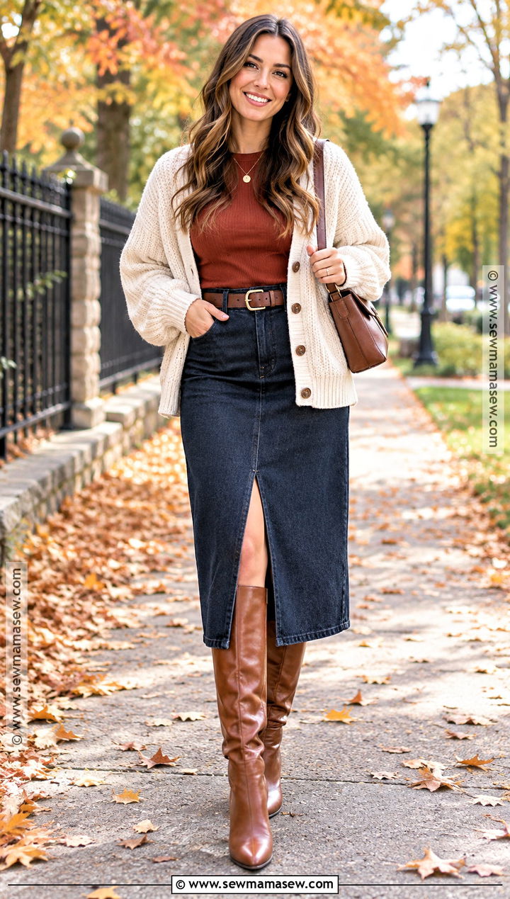 Casual Autumn Cardigan And Denim Skirt Outfit - 25 outfit ideas autumn casual