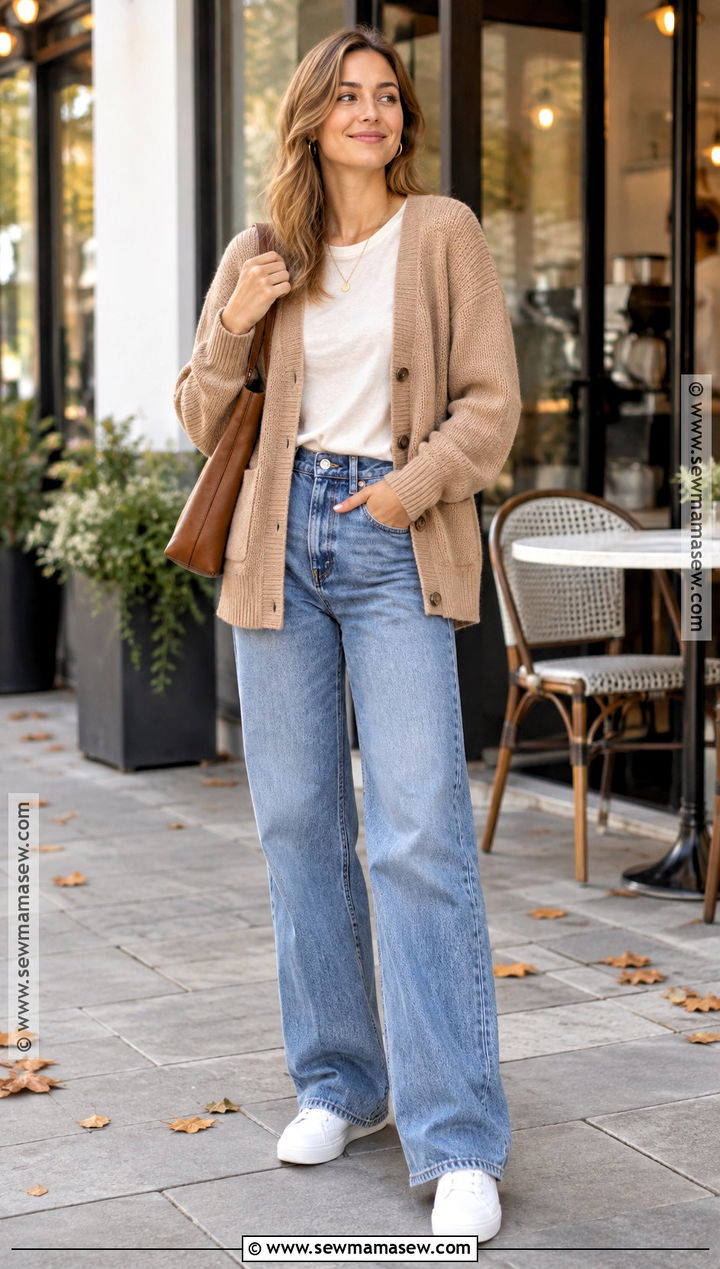 Casual Autumn Cardigan And Wide Leg Jeans Outfit - 20 Cute Autumn Outfits Casual