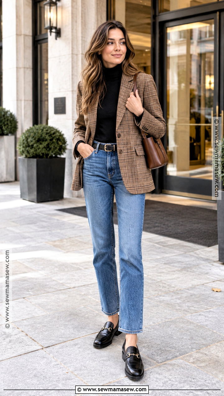 Casual Autumn Check Blazer And Turtleneck Outfit - 20 autumn fashion casual ideas