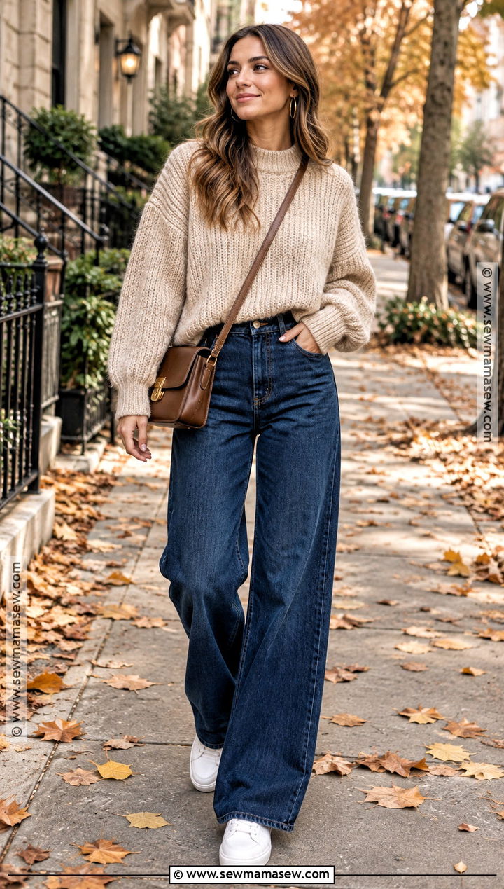 Casual Autumn Chunky Sweater And Wide Leg Jeans Outfit - 20 autumn fashion casual ideas