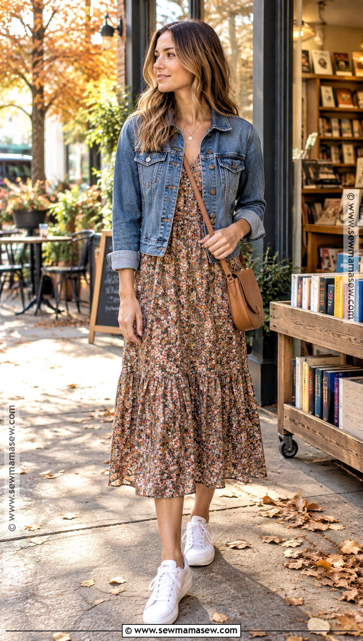 Casual Autumn Denim Jacket And Midi Dress Outfit - 20 Cute Autumn Outfits Casual