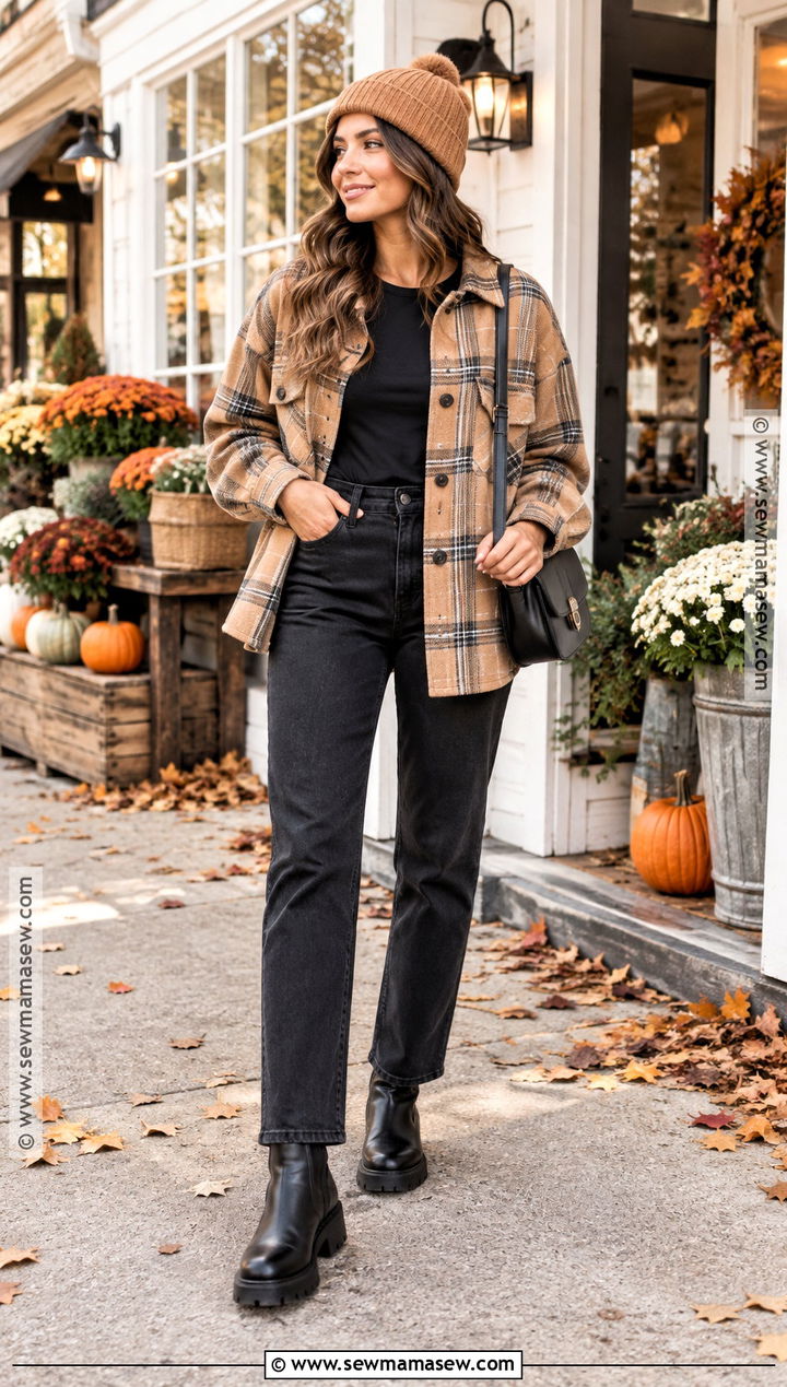 Casual Autumn Outfit With Shacket And Black Jeans - 25 autumn outfits for women
