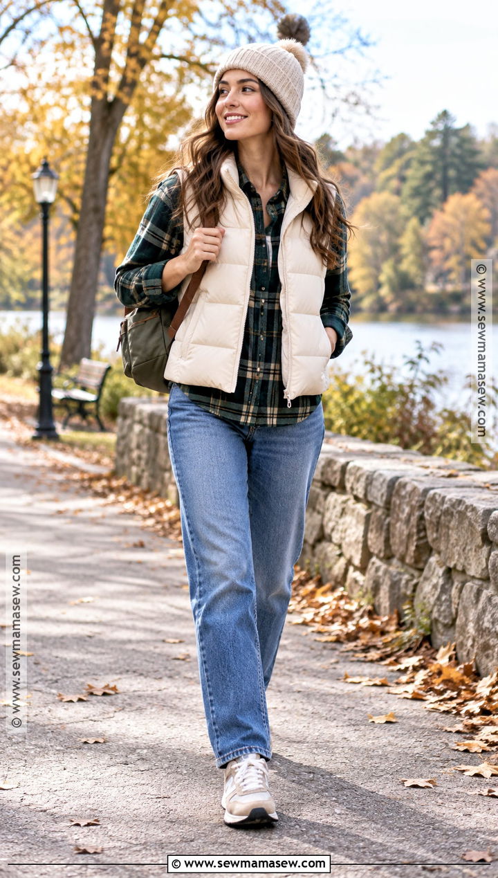Casual Autumn Puffer Vest And Flannel Outfit - 25 outfit ideas autumn casual