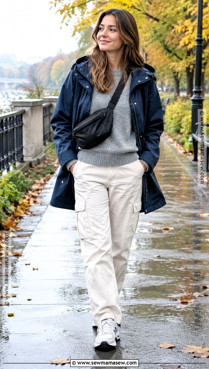 Casual Autumn Raincoat And White Cargo Pants Outfit - 20 autumn fashion casual ideas