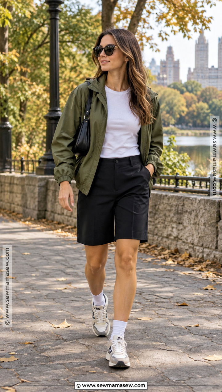Casual Autumn Windbreaker And Bermuda Shorts Outfit - 20 Cute Autumn Outfits Casual