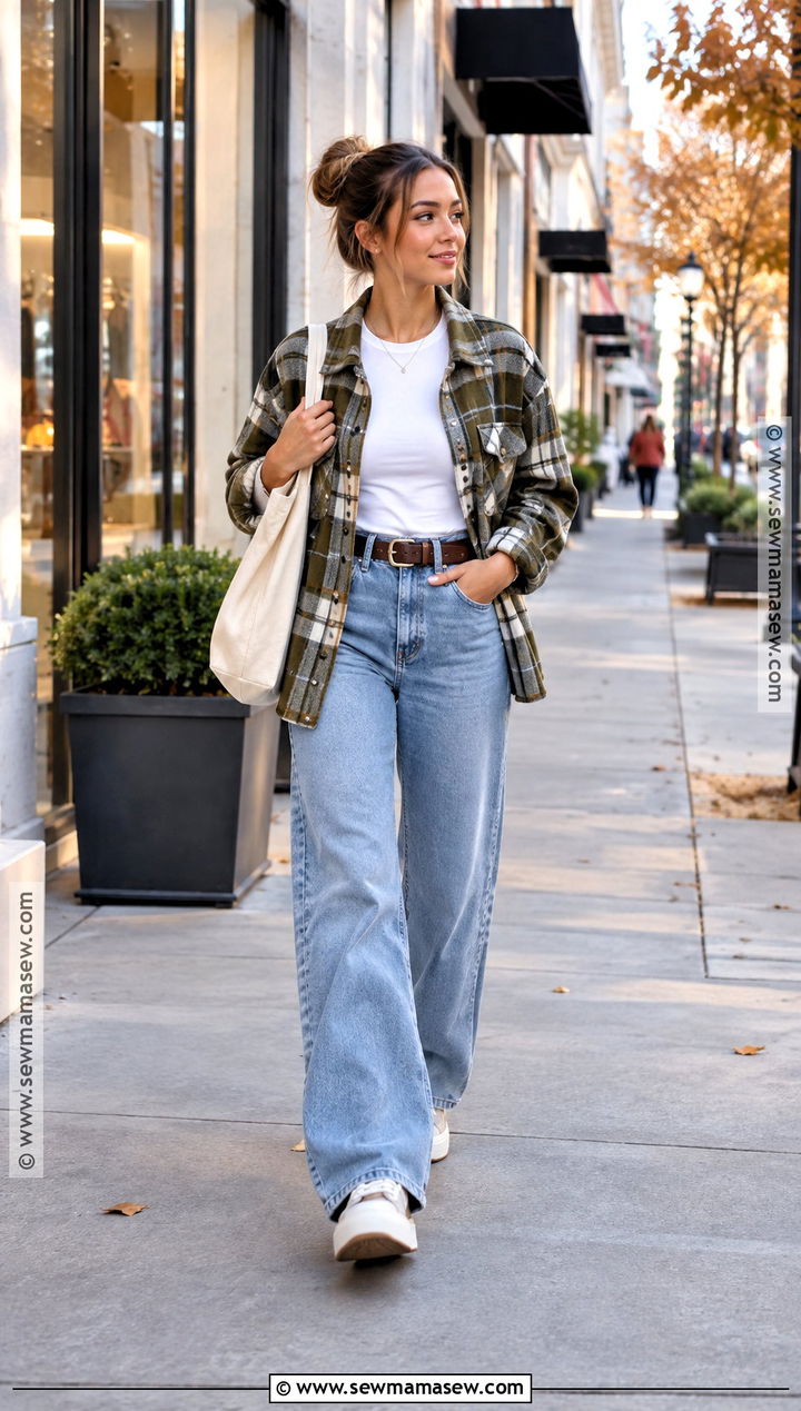 Casual Bun With Shacket And Wide Leg Jeans - 15 Bun Outfit Fall Ideas