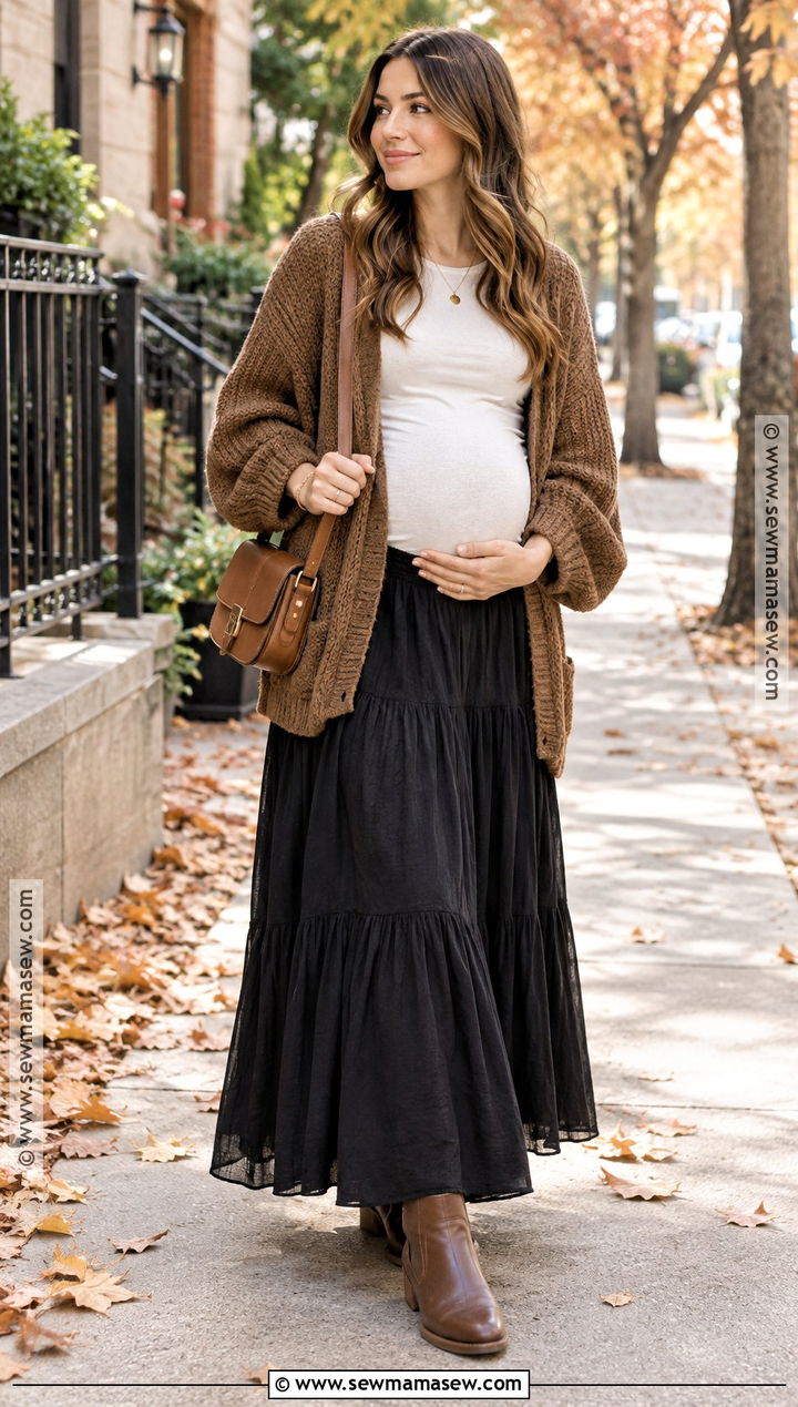 Casual Fall Bump Outfit With Maxi Skirt And Cardigan - 15 casual bump outfits fall