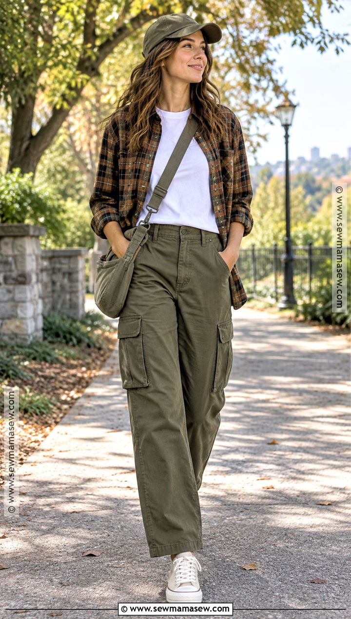 Casual Fall Flannel Shirt And Cargo Pants Outfit - 15 Casual Fall Fashion Collage Ideas