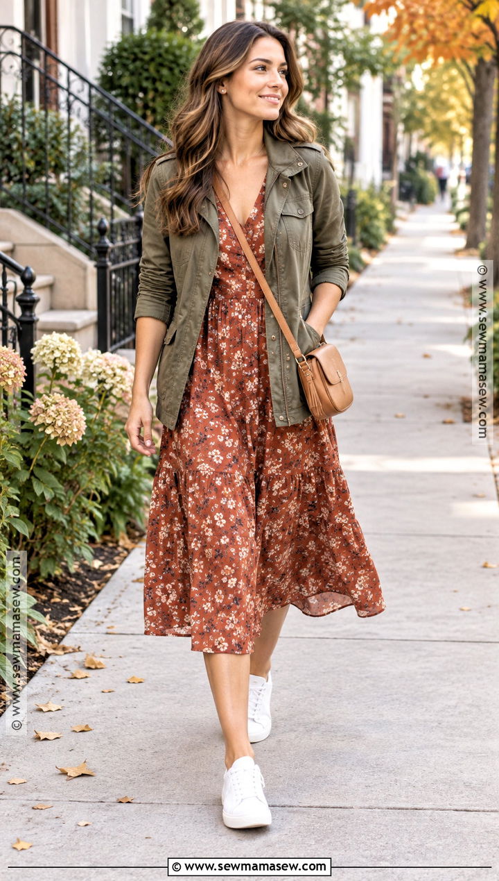 Casual Fall Floral Dress With Utility Jacket And Sneakers - 15 Fall Flower Dress Outfit Ideas