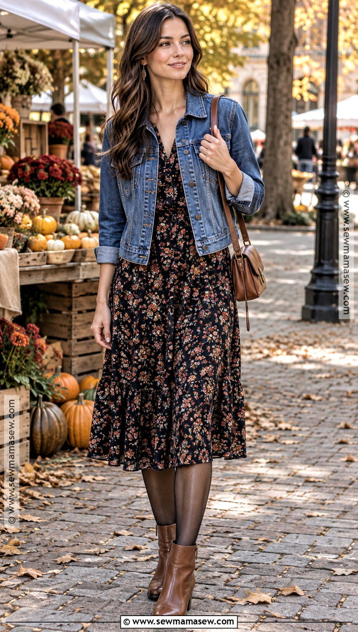 Casual Fall Floral Midi Dress With Denim Jacket - 25 fall dresses casual