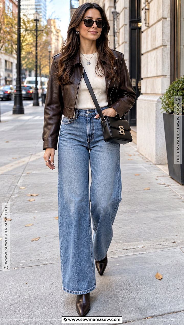 Casual Fall Leather Jacket And Wide Leg Jeans Outfit - 30 casual fall outfits
