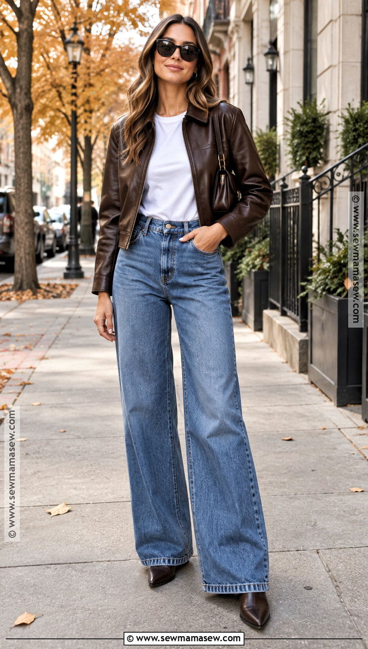 Casual Fall Leather Jacket And Wide Leg Jeans Outfit - 15 Casual Fall Clothing Collection Ideas