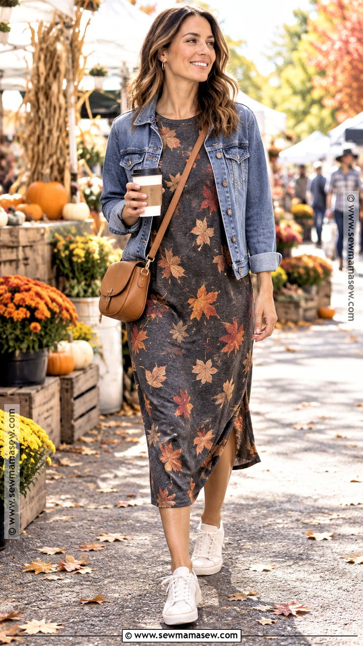 Casual Fall Leaves Dress With Denim Jacket - 20 fall leaves dress ideas