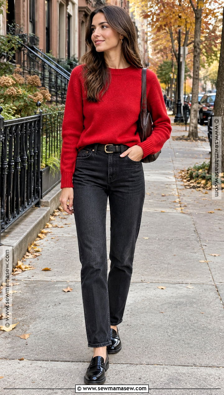 Casual Fall Outfit With Red Sweater And Dark Jeans - 15 Fall Fashion Casual Ideas 2026