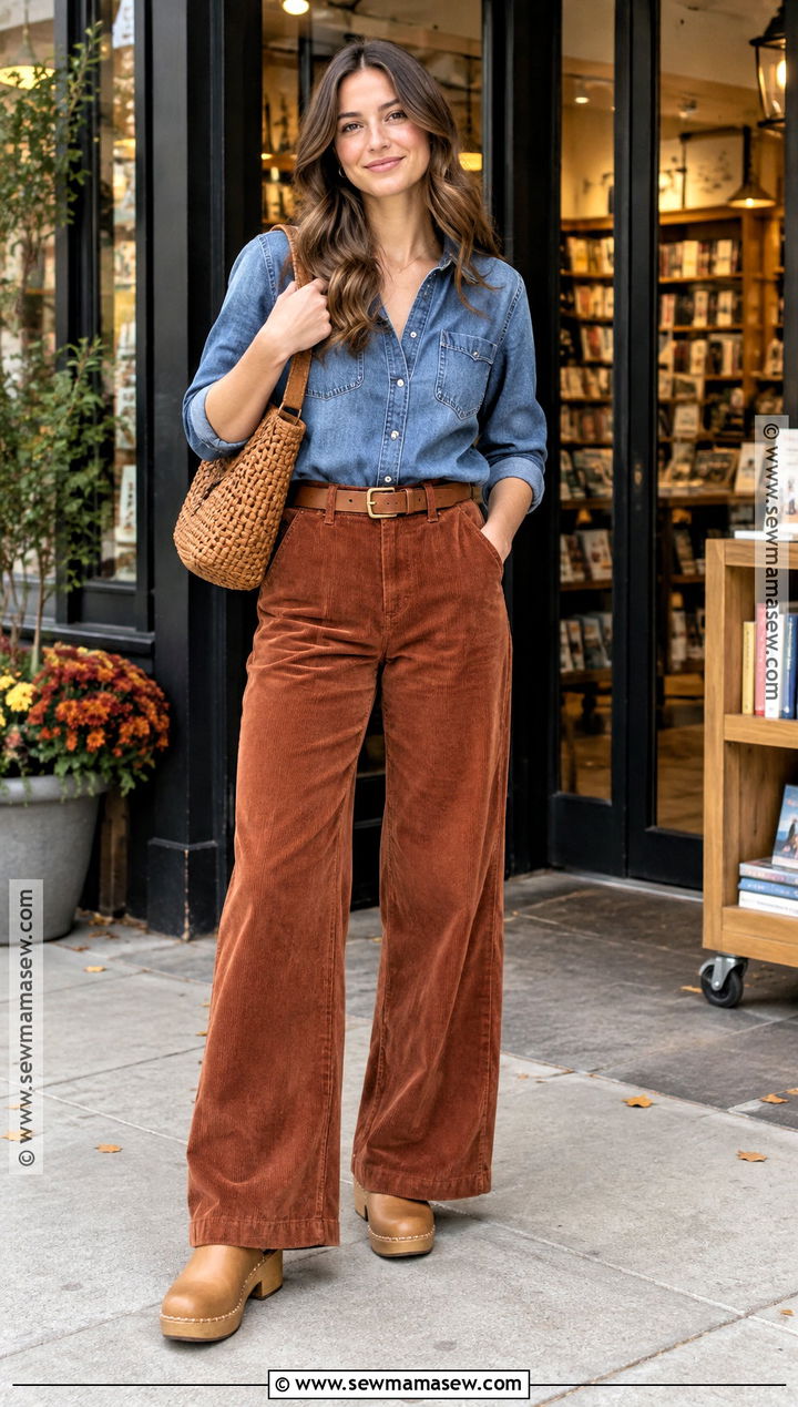 Casual Fall Outfit With a Denim Shirt and Corduroy Pants - 25 fall casual outfits