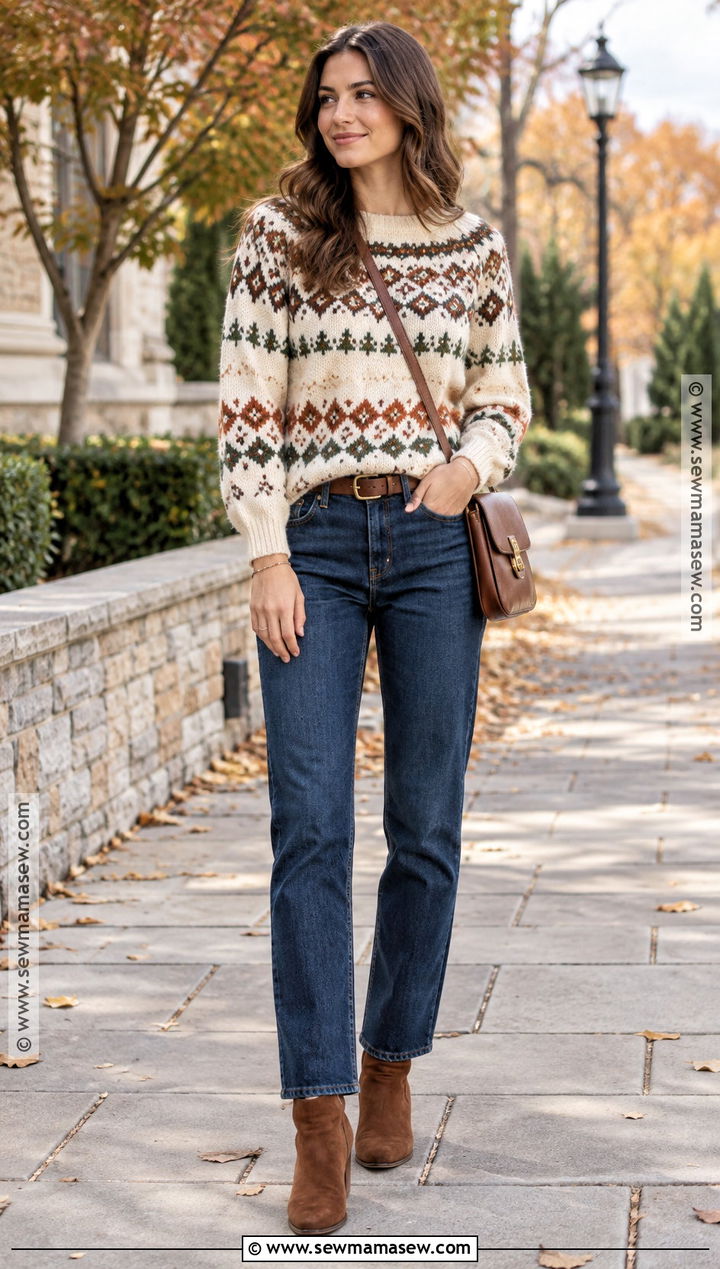 Casual Fall Outfit With a Fair Isle Sweater and Jeans - 25 fall casual outfits