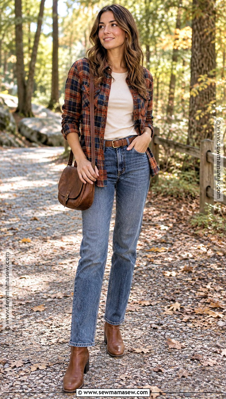 Casual Fall Outfit With a Flannel Shirt and Straight Jeans - 25 fall casual outfits
