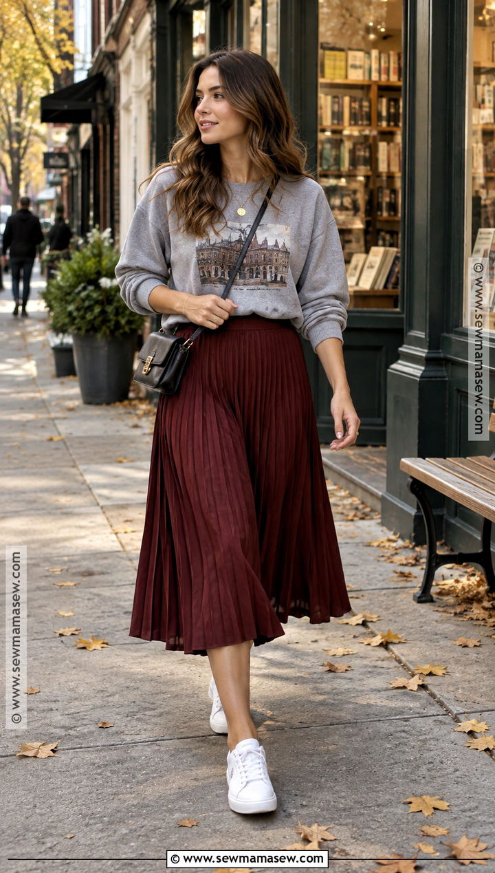 Casual Fall Outfit With a Graphic Sweatshirt and Pleated Skirt - 25 fall casual outfits