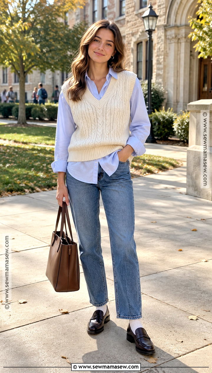 Casual Fall Outfit With a Sweater Vest and Button Down Shirt - 25 fall casual outfits