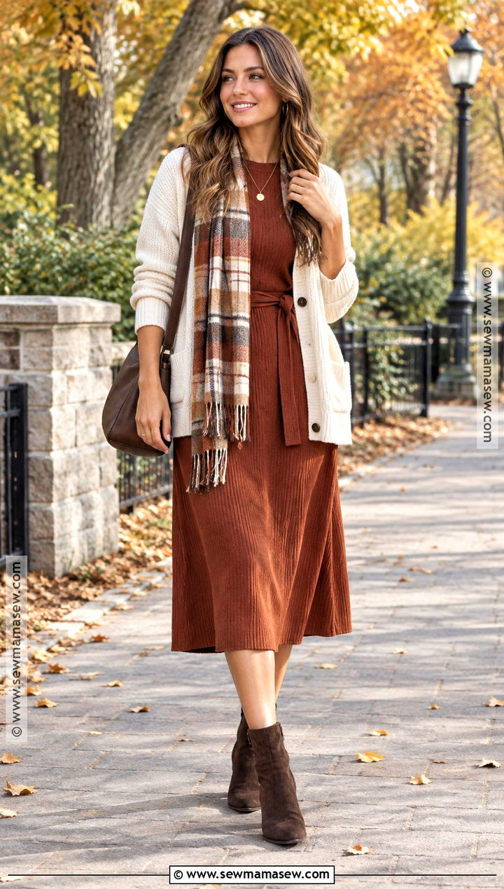 Casual Fall Rust Dress With Suede Boots - 25 fall dresses casual