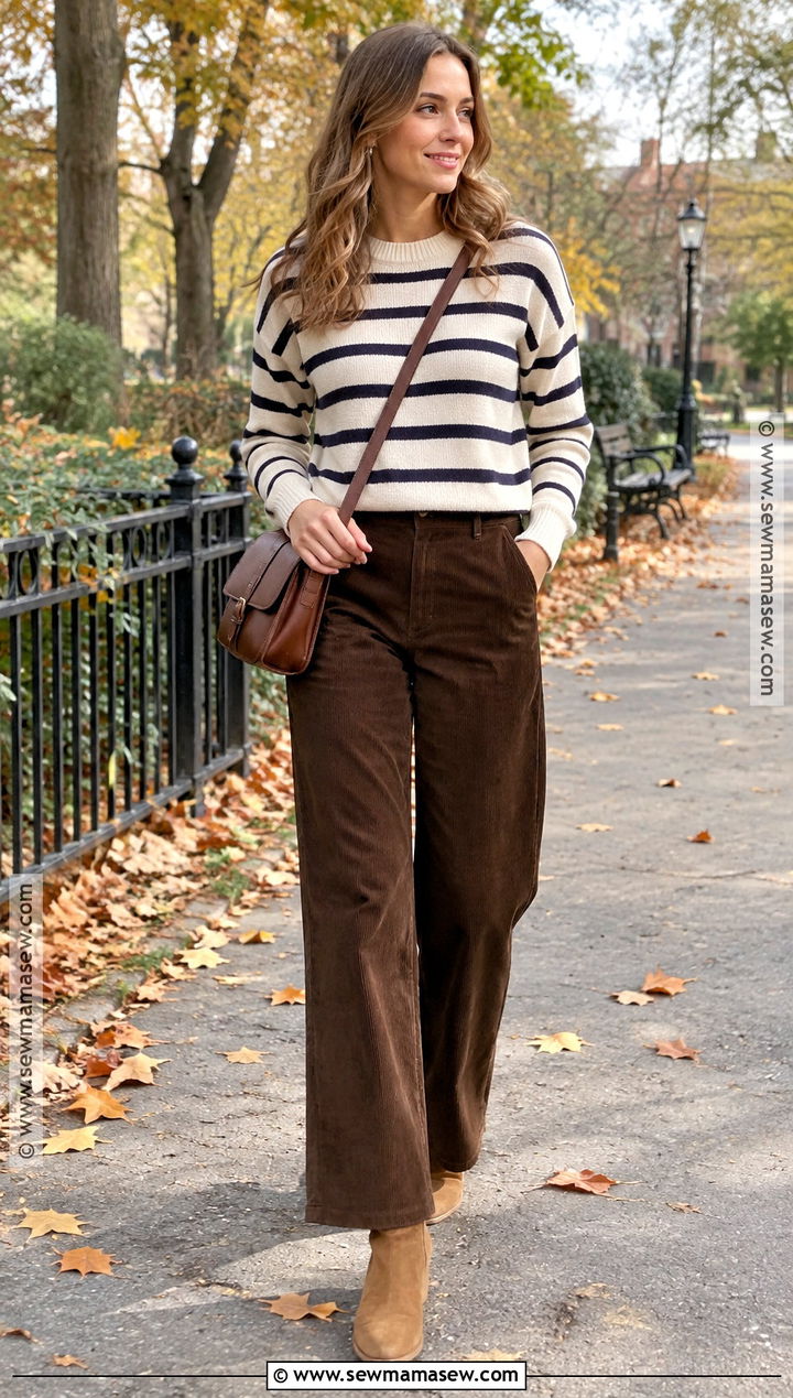 Casual Fall Striped Sweater and Corduroy Pants Outfit - 15 Casual Fall Fashion Essentials