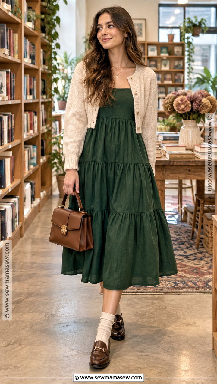 Casual Fall Tiered Midi Dress With Loafers - 25 fall dresses casual