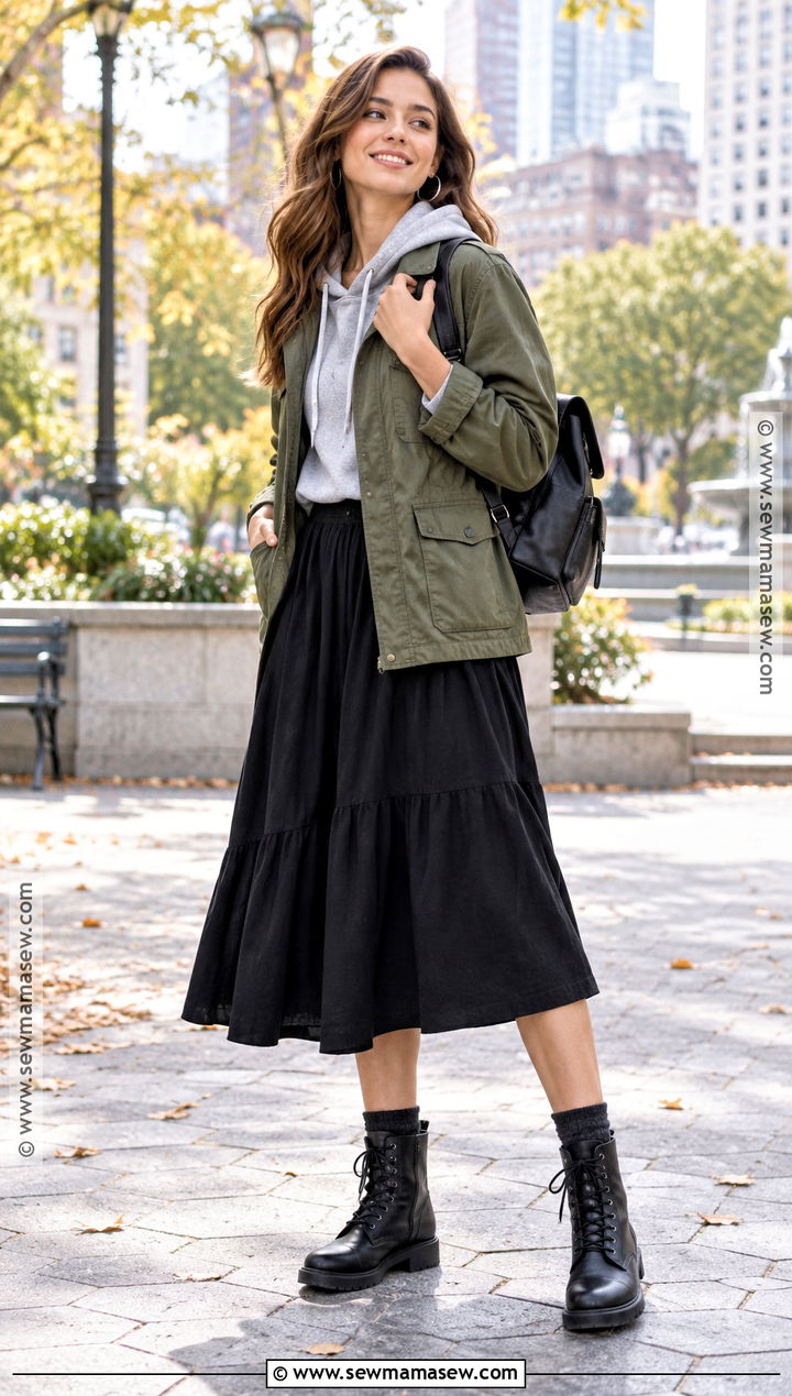 Casual Fall Utility Jacket And Midi Skirt Outfit - 15 Casual Fall Fashion Collage Ideas