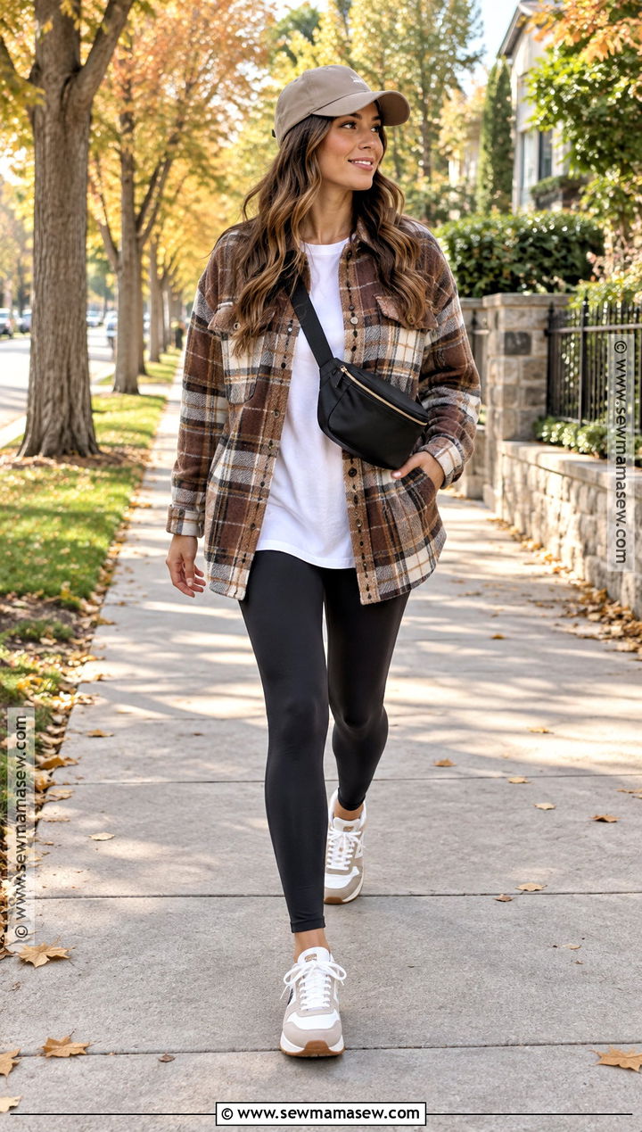 Casual Fall Walk Outfit With Shacket And Leggings - 20 Outdoor Fall Outfits for Women