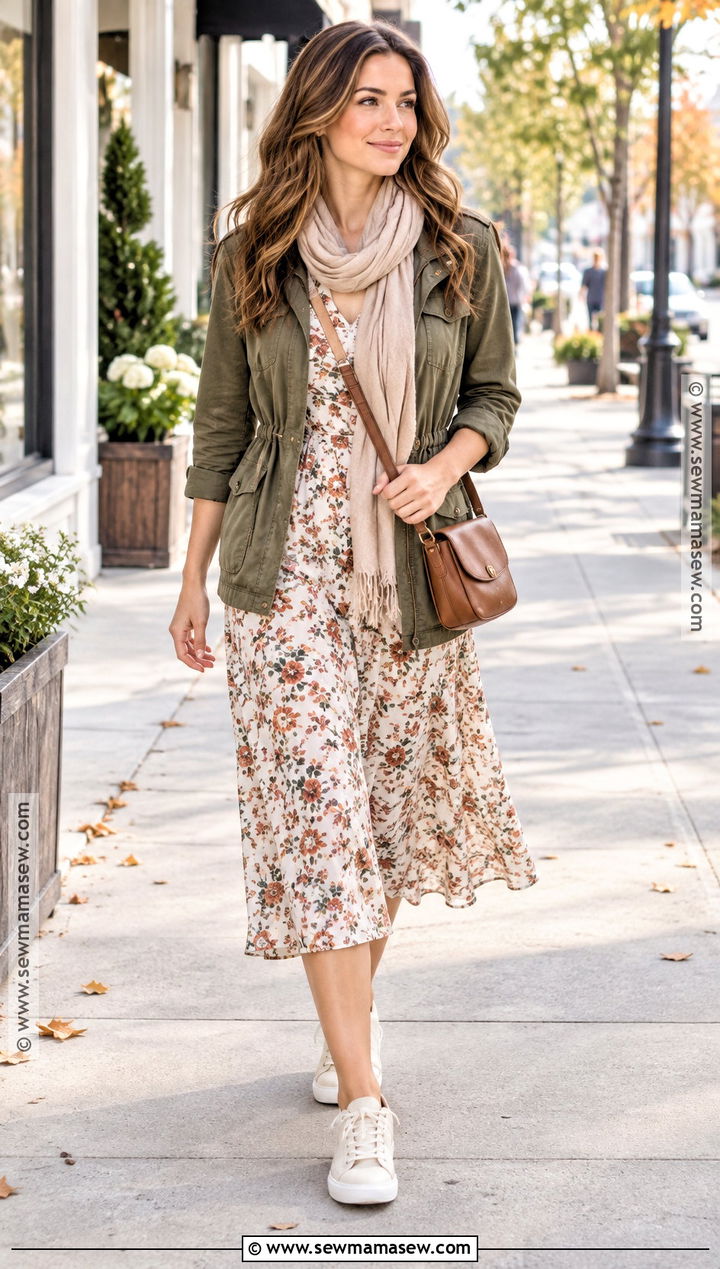 Casual Floral Dress With Utility Jacket And Sneakers - 15 Fall Floral Dress Outfit Ideas