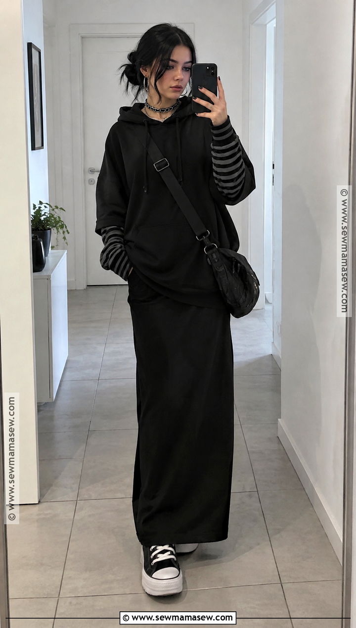 Casual Gothic Fall Hoodie And Maxi Skirt Outfit - 20 gothic fall outfits