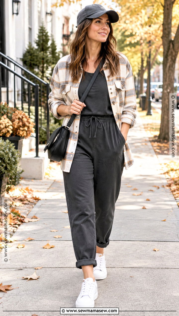 Casual Jumpsuit With Shacket And Sneakers - 15 Fall Jumpsuit Outfit Ideas