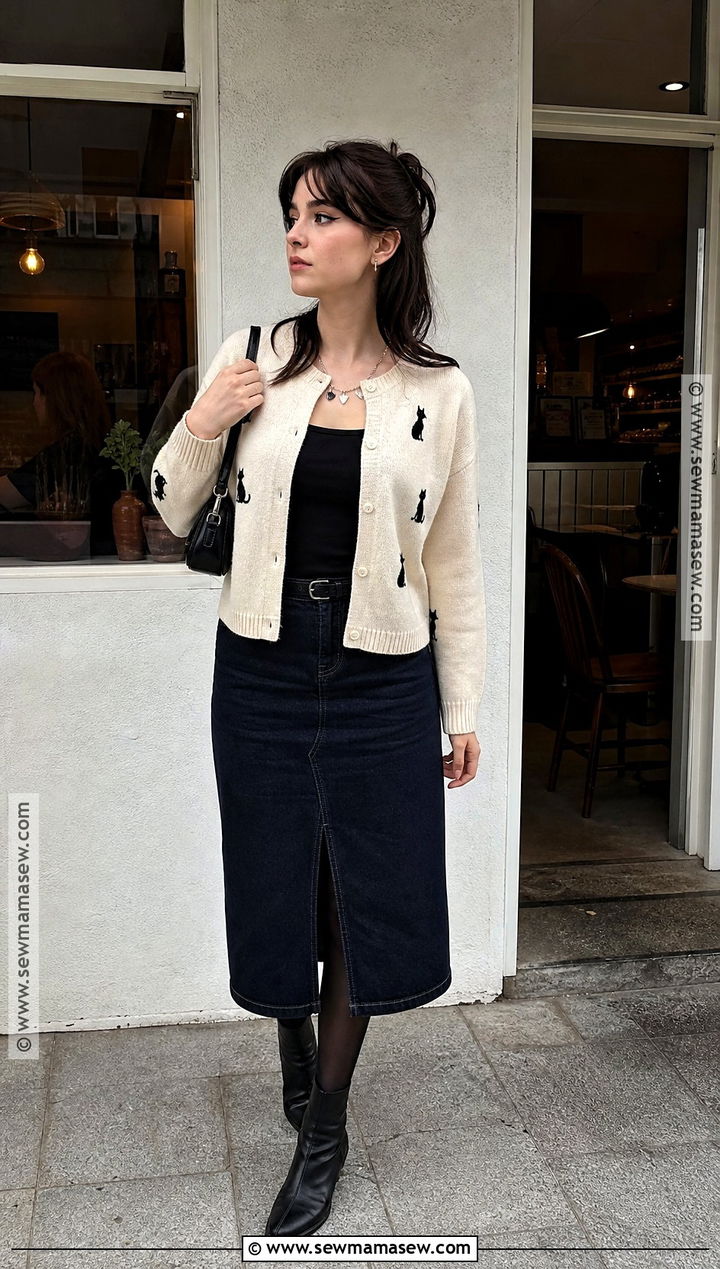 Cat Cardigan Halloween Outfit With Denim Midi Skirt - 30 Halloween Casual Outfits