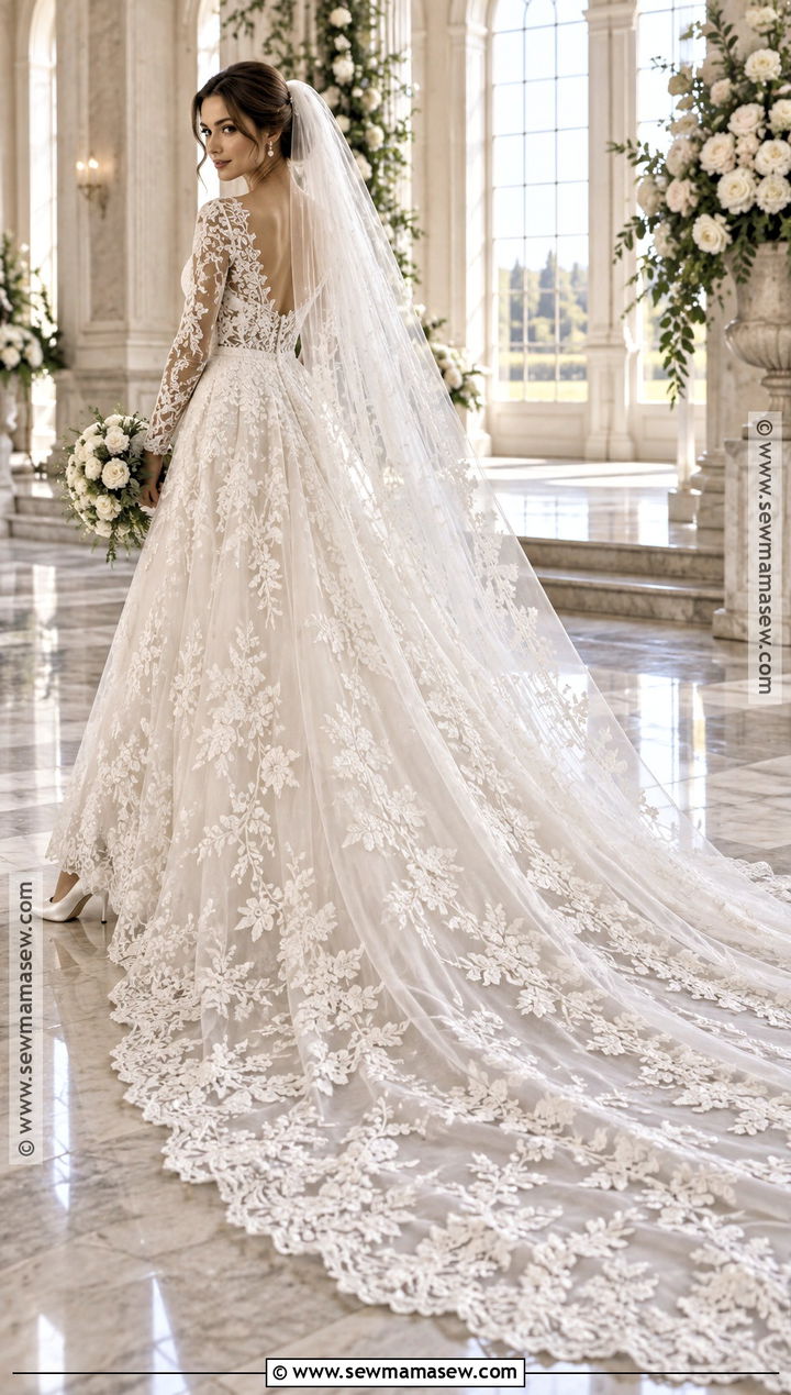 Cathedral Train Lace Fall Wedding Dress - 15 Classic Fall Wedding Dress Ideas