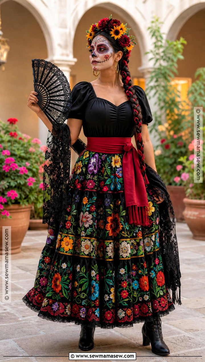 Catrina Outfit With Embroidered Skirt - 35 day of the dead outfit ideas