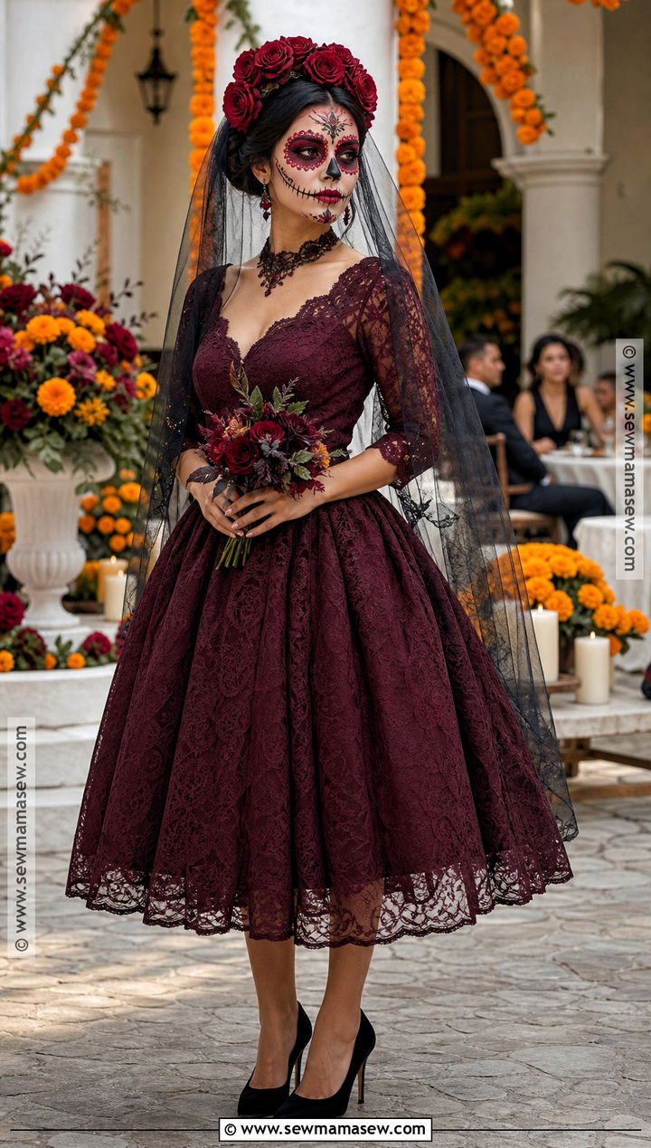 Catrina Outfit With Floral Veil - 35 day of the dead outfit ideas