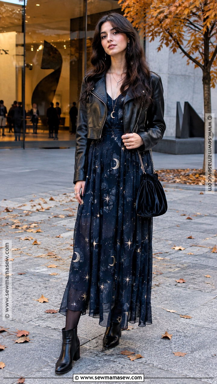 Celestial Maxi Dress With Leather Jacket And Boots - 20 Fall Whimsical Outfit Ideas