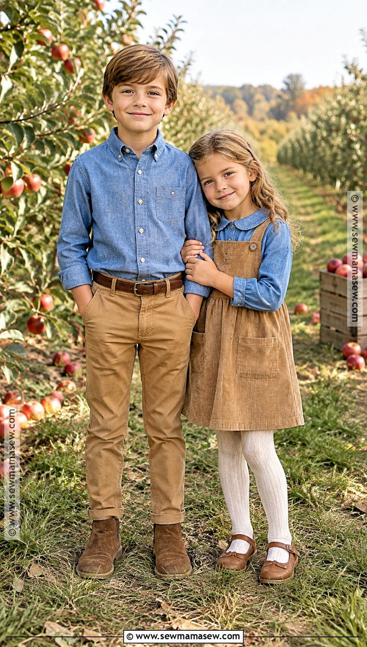 Chambray And Camel Sibling Fall Outfit - 15 Sibling Fall Photoshoot Outfits