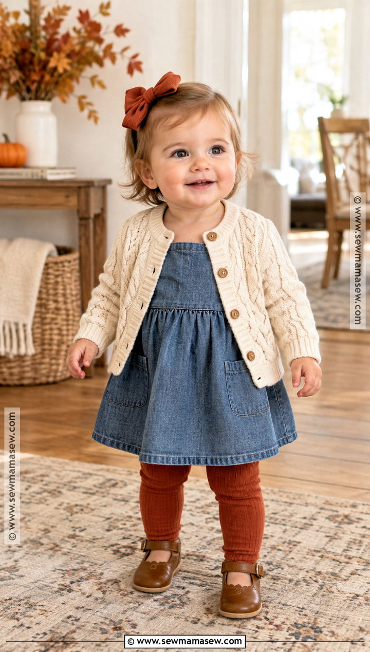 Chambray Dress And Cable Knit Cardigan Baby Fall Outfit - 20 baby fall outfits for girls