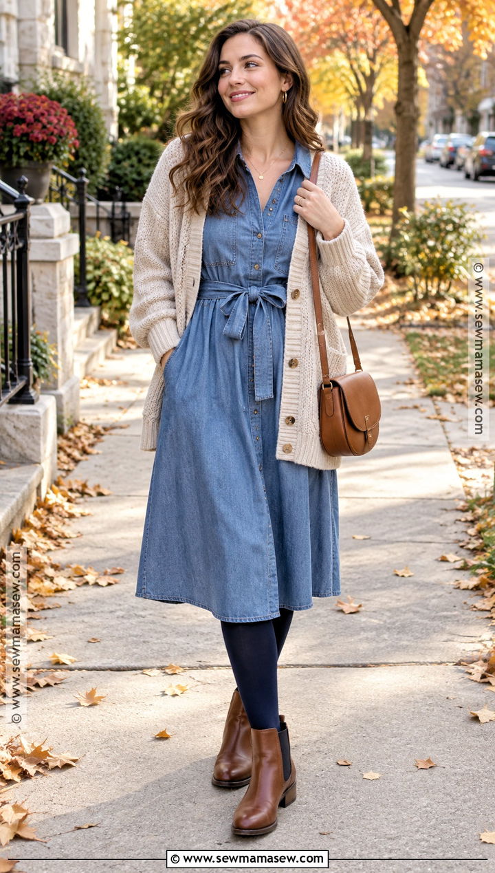Chambray Dress With Chelsea Boots And Cardigan - 20 Casual Fall Dresses