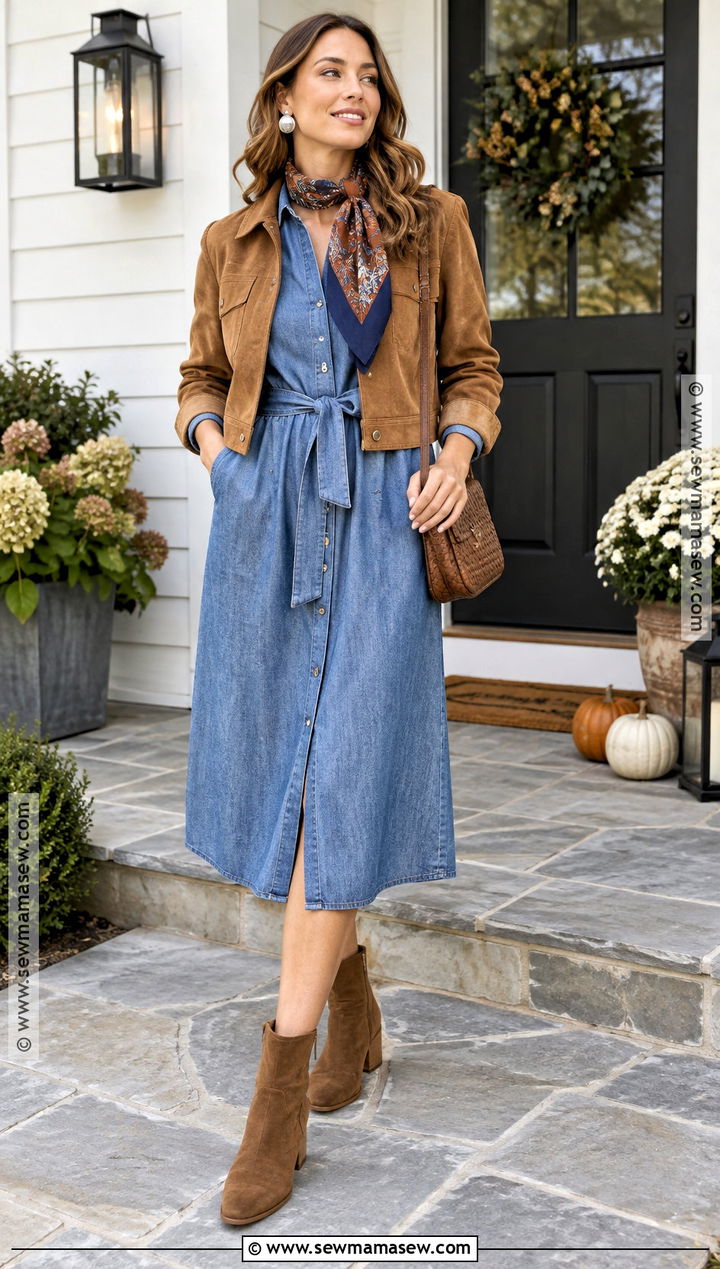 Chambray Fall Country Dress With Suede Jacket - 15 Fall Country Dresses