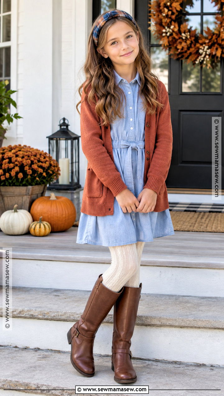 Chambray Girls Thanksgiving Dress With Cardigan - 15 Girls Thanksgiving Dress Ideas