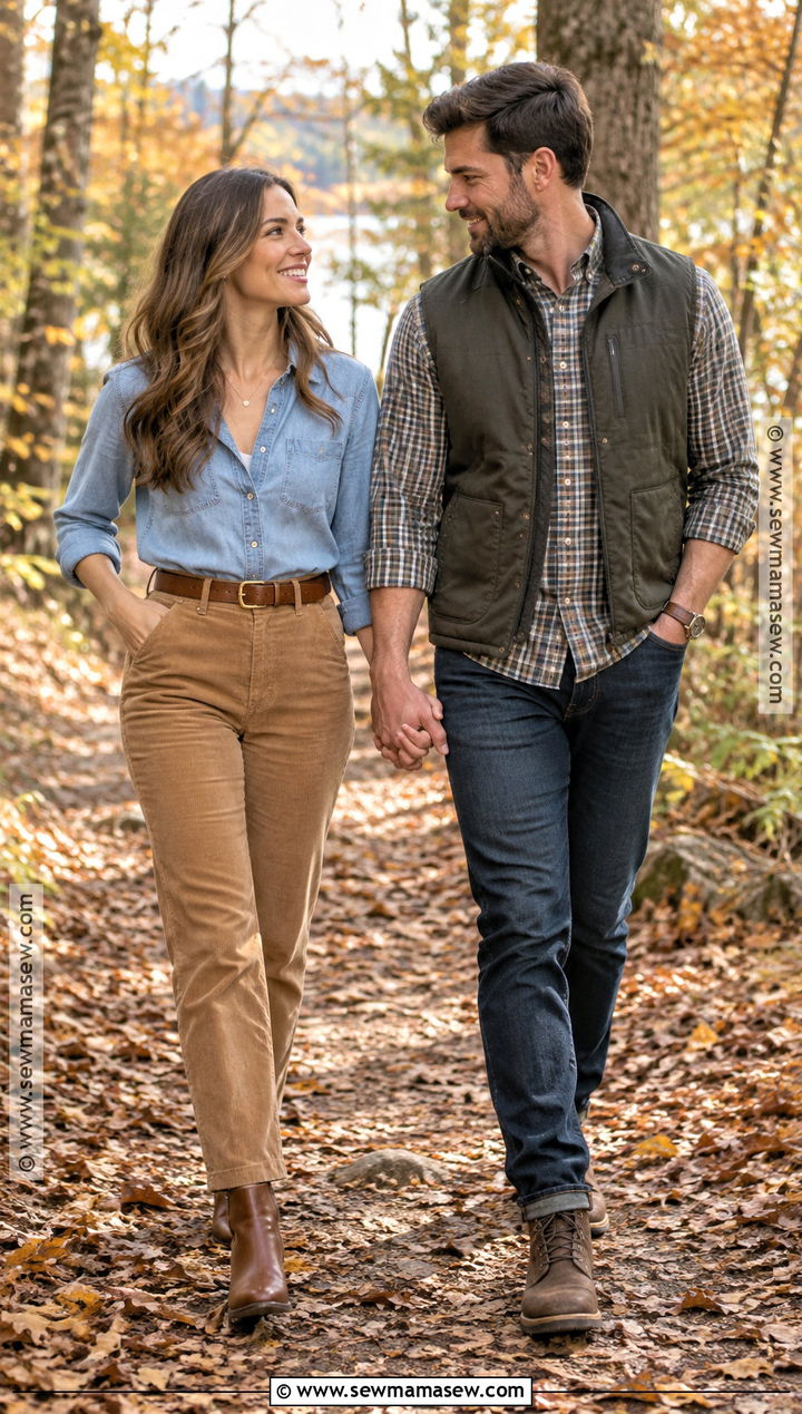 Chambray Shirt And Corduroy Pants Fall Engagement Outfit - 15 casual engagement pictures outfits fall