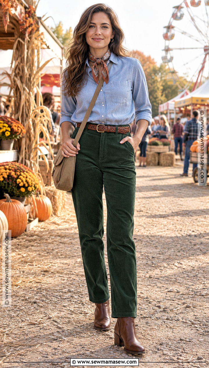 Chambray Shirt And Corduroy Pants Fall Fair Outfit - 20 Fall Fair Outfit Ideas