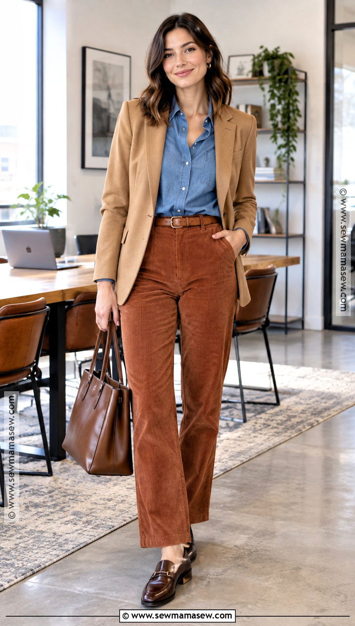 Chambray Shirt And Corduroy Pants Fall Office Outfit - 20 Fall Outfits Office Business Casual