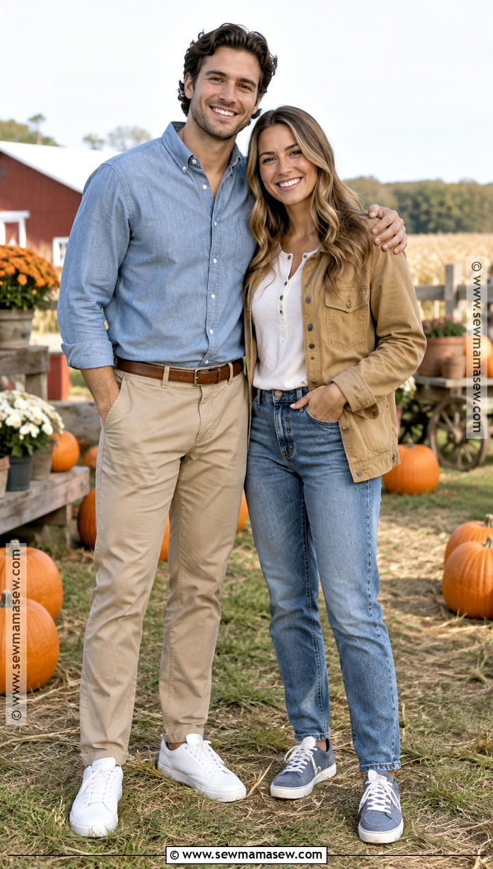 Chambray Shirt And Khaki Pants Couple Outfit - 25 pumpkin patch outfit ideas for couples