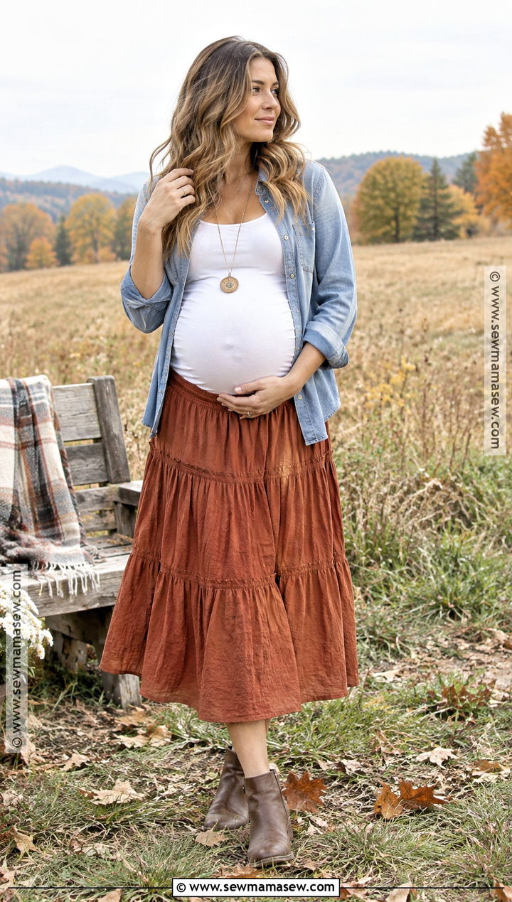 Chambray Shirt And Maternity Midi Skirt Outfit - 15 fall maternity outfits for photoshoot casual